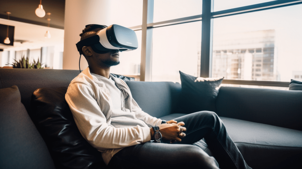 Man op bank met VR-bril