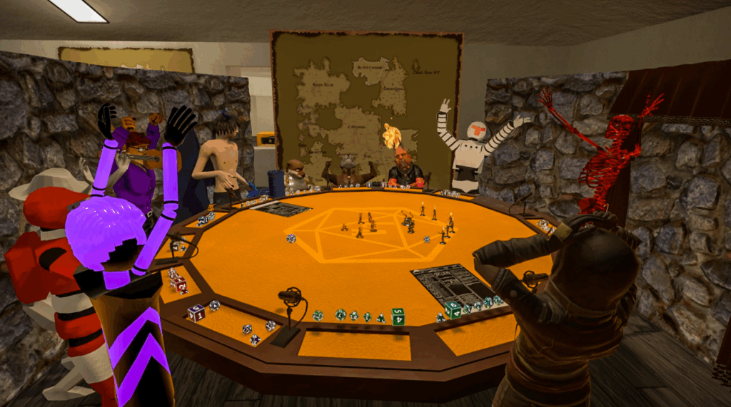 Een ronde tafel waar een spel gespeeld wordt in VRChat.